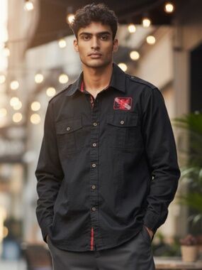 Avirex Mens Medium Shirt Button Down Black Red Eagle Casual Long Slv Embroidered